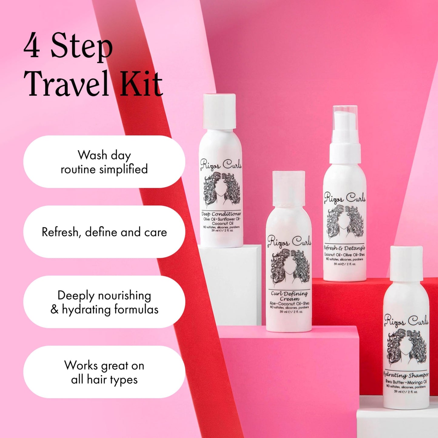 Rizos Curls 4-Step Travel Kit for Curly Hair: Curl Defining Cream, Shampoo, Conditioner, Refresh & Detangle (2 fl oz each) Beauty & Personal Care Rizos Curls