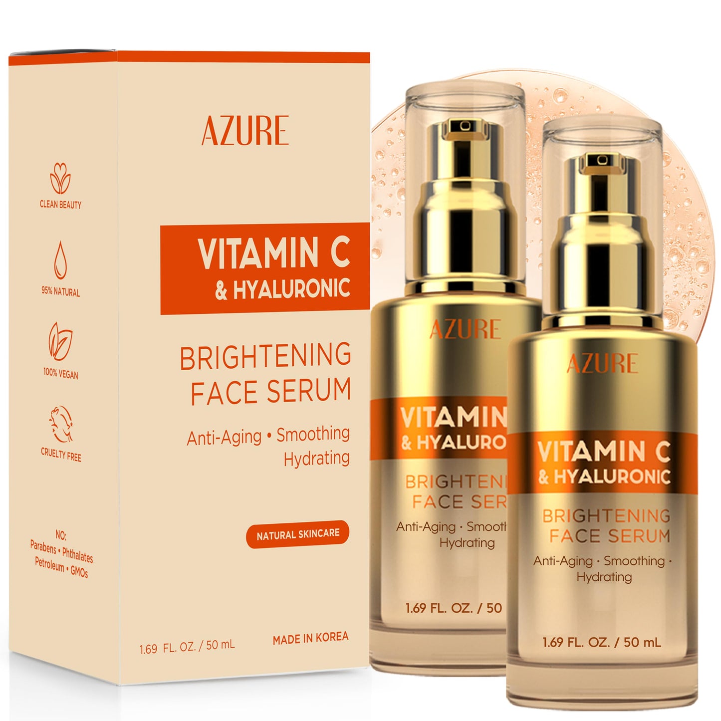 Azure Cosmetics Vitamin C Serum For Face - Dermatologist Tested, Anti-Aging with Hyaluronic Acid for Dark Spots, Fine Lines & Wrinkles - Brightning Beauty & Personal Care Azure Cosmetics