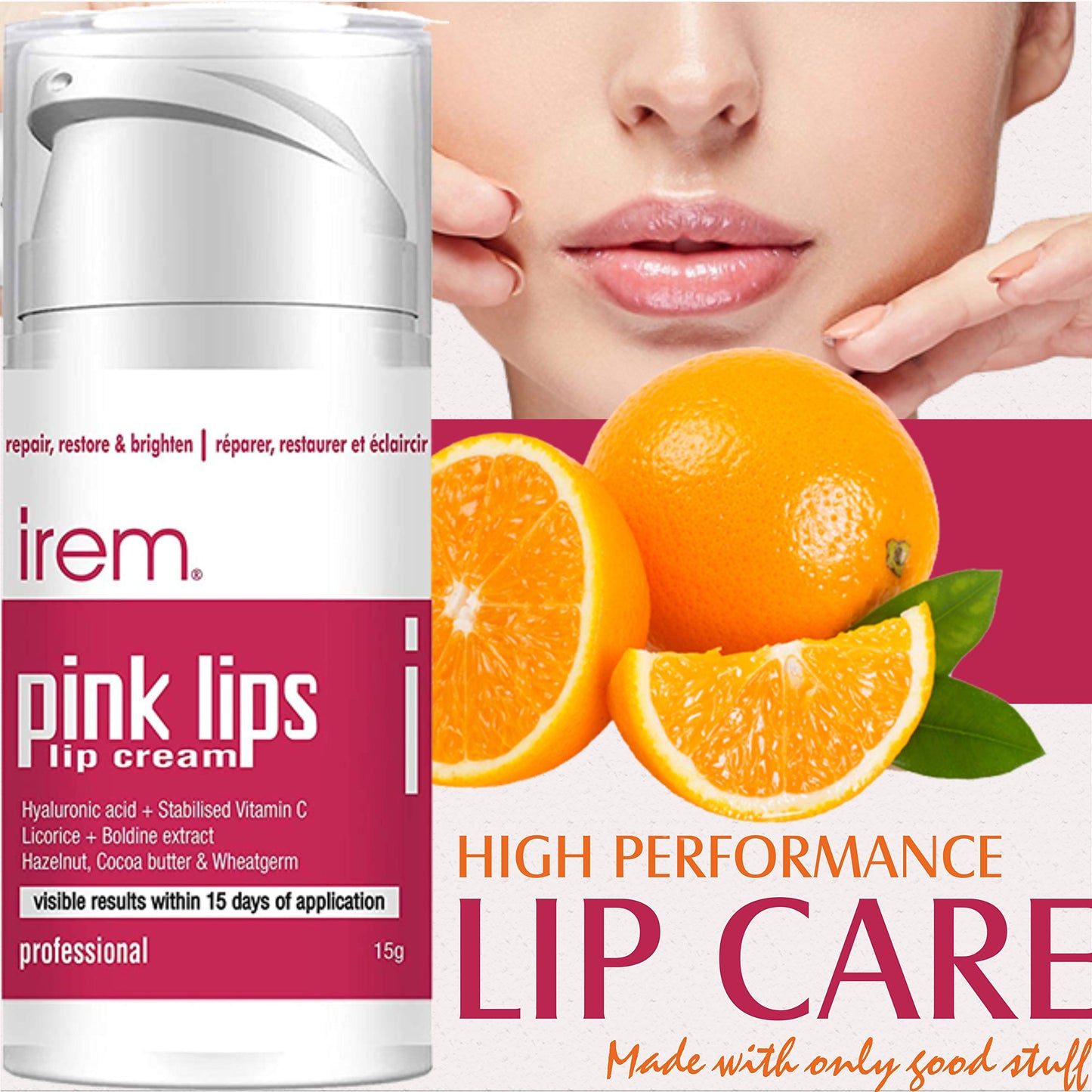 Irem Pink Lips - Lip cream Repair restore and brighten lips. With Vitamin C, Hyaluronic and Licorice 15g Beauty and Personal Care Irem