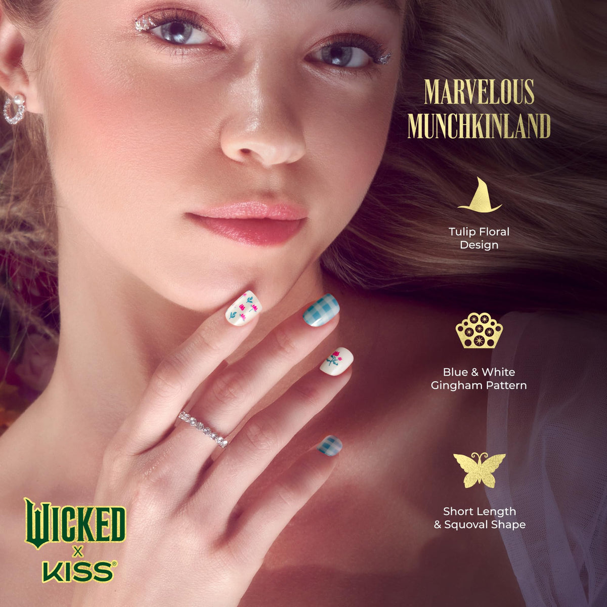 WICKED X KISS Press On Nails, ‘Marvelous Munchkinland’, Blue, Short Squoval, Waterproof, Chip Proof, Smudge Proof, 28 Fake Nails, Pink Gel Nail Glue
