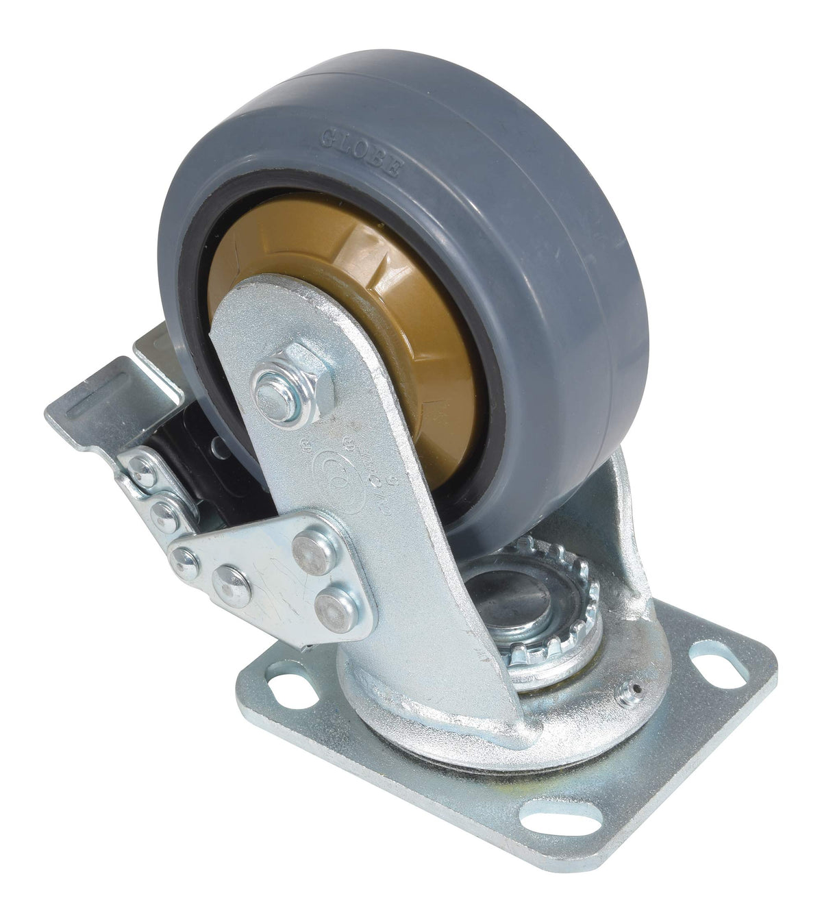 Vestil CST-KSM-5X2MR-SWTB Rubber Swivel with Total Brake Caster 5 in. Diameter x 2 in. Width 661 Lb. Capacity Dark Gray/Gold