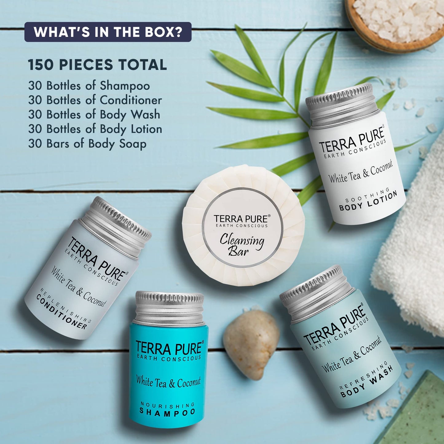 Terra Pure White Tea & Coconut Toiletries Set | 1-Shoppe Amenities Kit | 1oz Shampoo & Conditioner, Body Wash, Lotion, 1.25oz Bar Soap | Travel Size | Beauty & Personal Care Terra Pure
