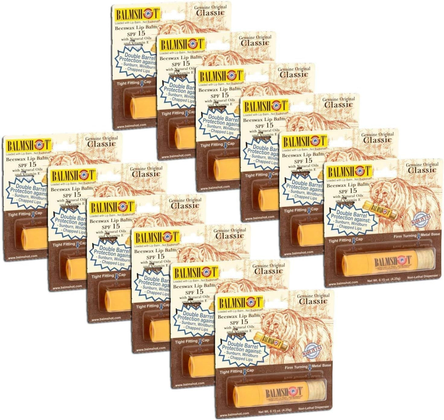 Pack of 12 - Balmshot Genuine Original Classic Beeswax Lip Balm, SPF 15, 0.15 oz Beauty & Personal Care Balmshot