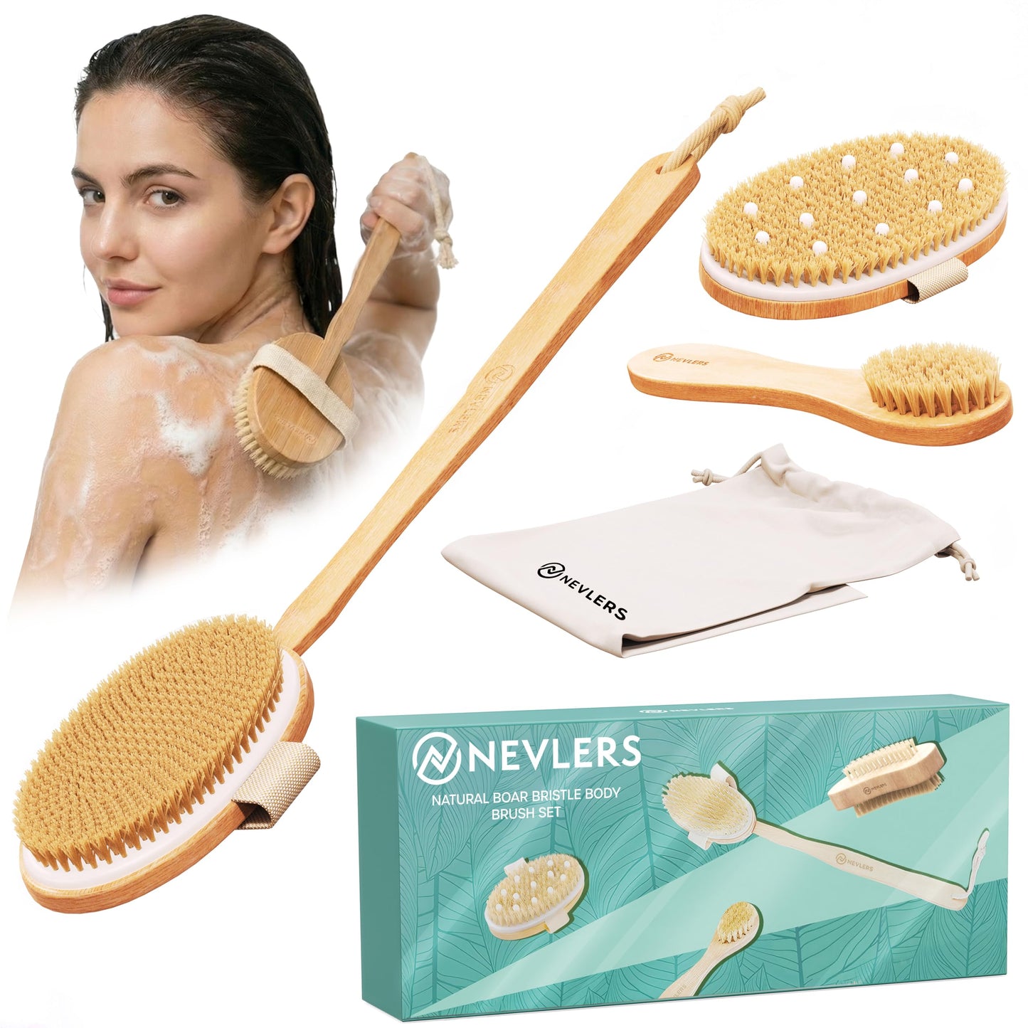 Nevlers 4-Pack Natural Boar Bristle Wood Dry Brush for Lymphatic Drainage Beauty and Personal Care Nevlers