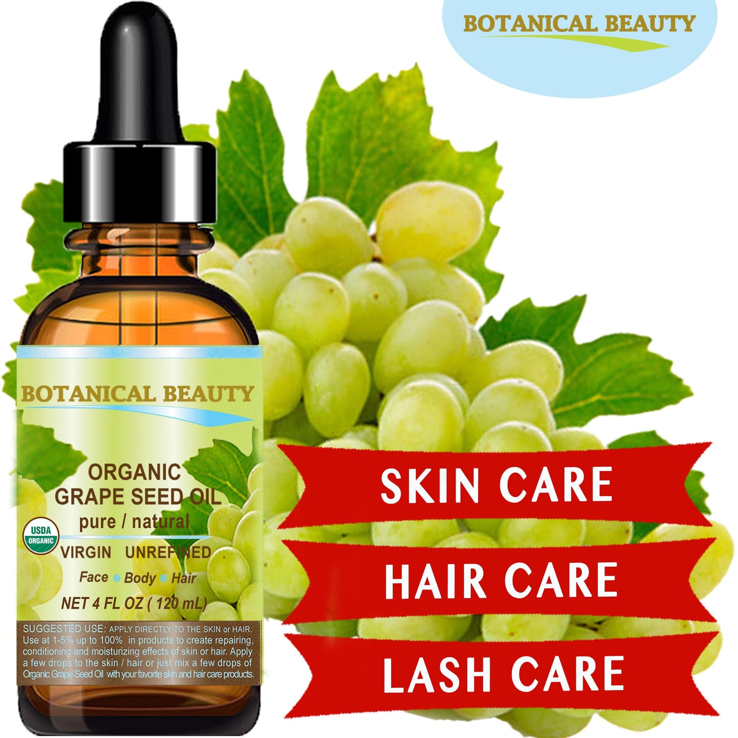 Botanical Beauty Organic GRAPE SEED OIL 100% Pure Natural VIRGIN UNREFINED Cold-Pressed Carrier Oil for Face, Skin, Body, Hair, Lip, Nails, Massage Beauty & Personal Care Botanical Beauty