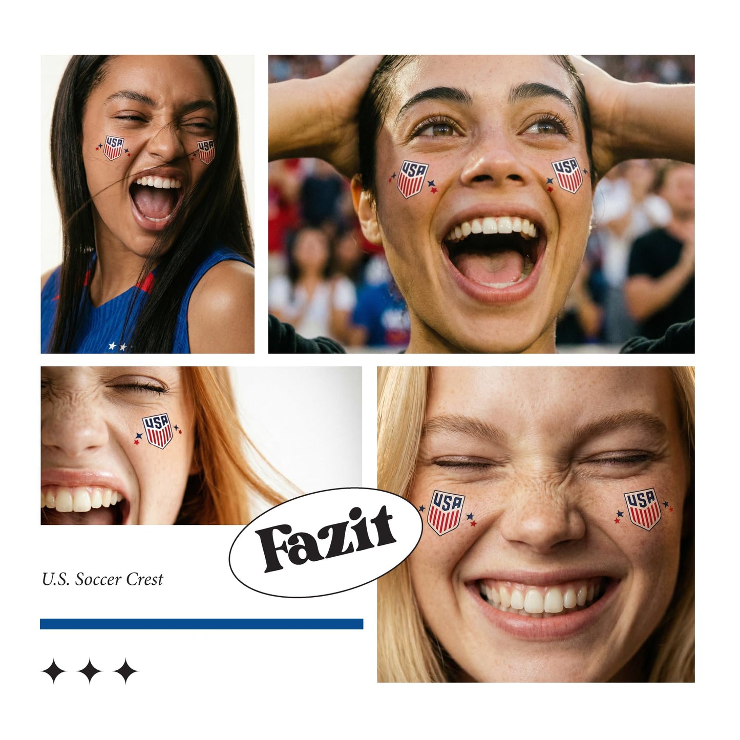 Fazit US Soccer Crest - Red, Blue & Silver Glitter Makeup Patches - Waterproof & Sweat-Proof Face Stickers - Long-Lasting Game Day Glam, USA Spirit Beauty & Personal Care Fazit