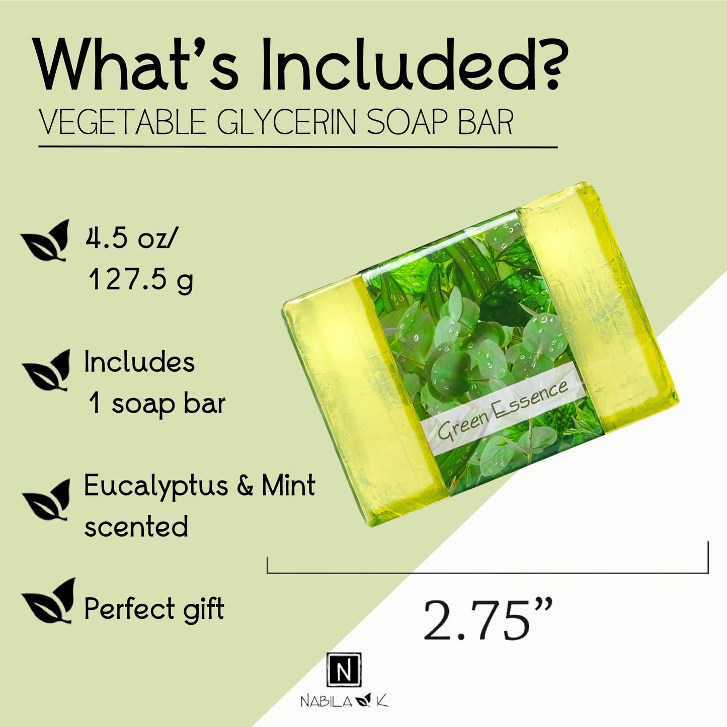 Nabila K Green Essence Glycerin Bar Soap | Eucalyptus & Mint Scent | Natural, Vegan, Hypoallergenic | 100% Vegetable Glycerin, Sulfate-Free Beauty & Personal Care Nabila K