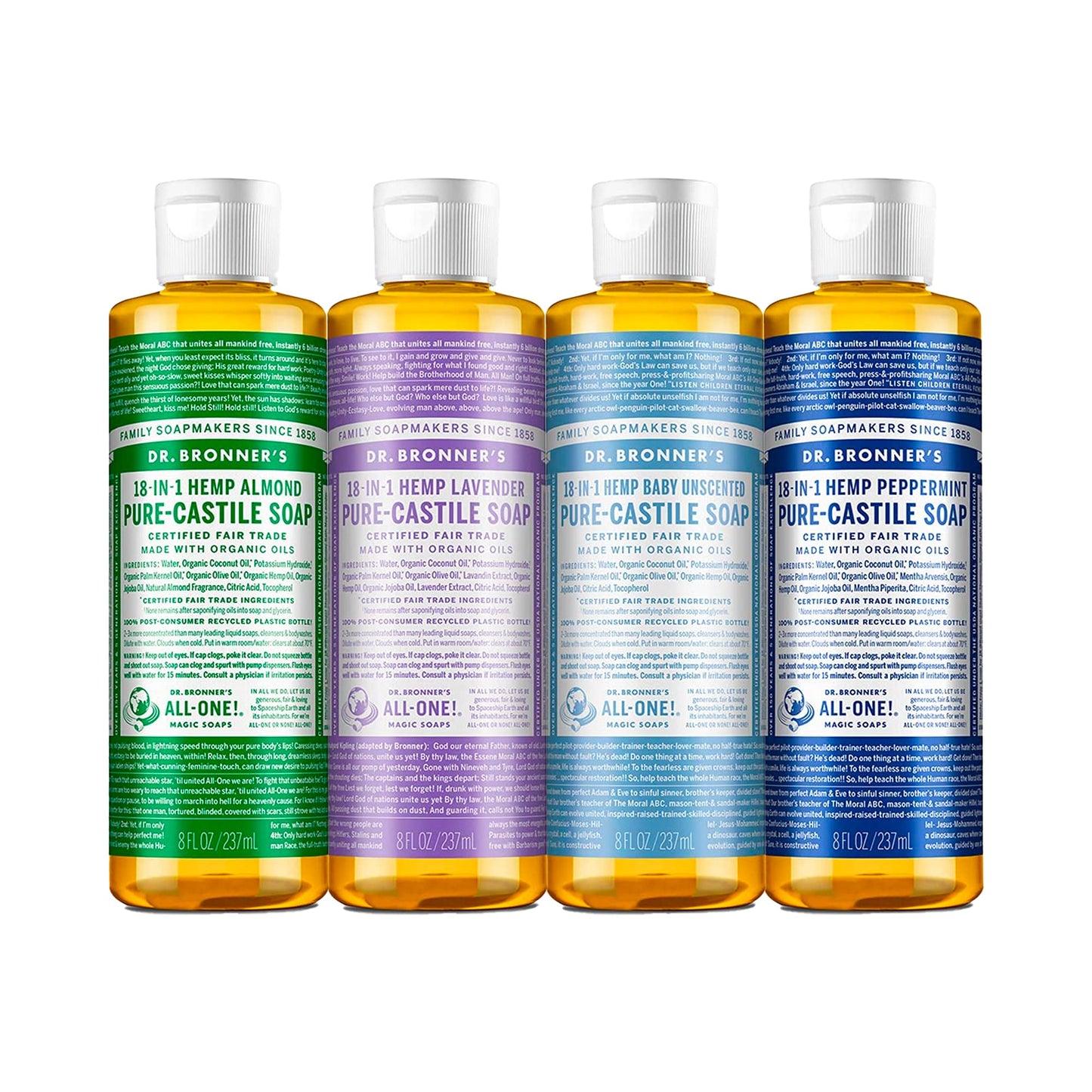 Dr. Bronner's - Pure-Castile Liquid Soap (8 oz Variety Pack) Peppermint, Lavender, Almond & Baby Unscented - Made with Organic Oils, 18-in-1 Uses Beauty & Personal Care Dr. Bronner's