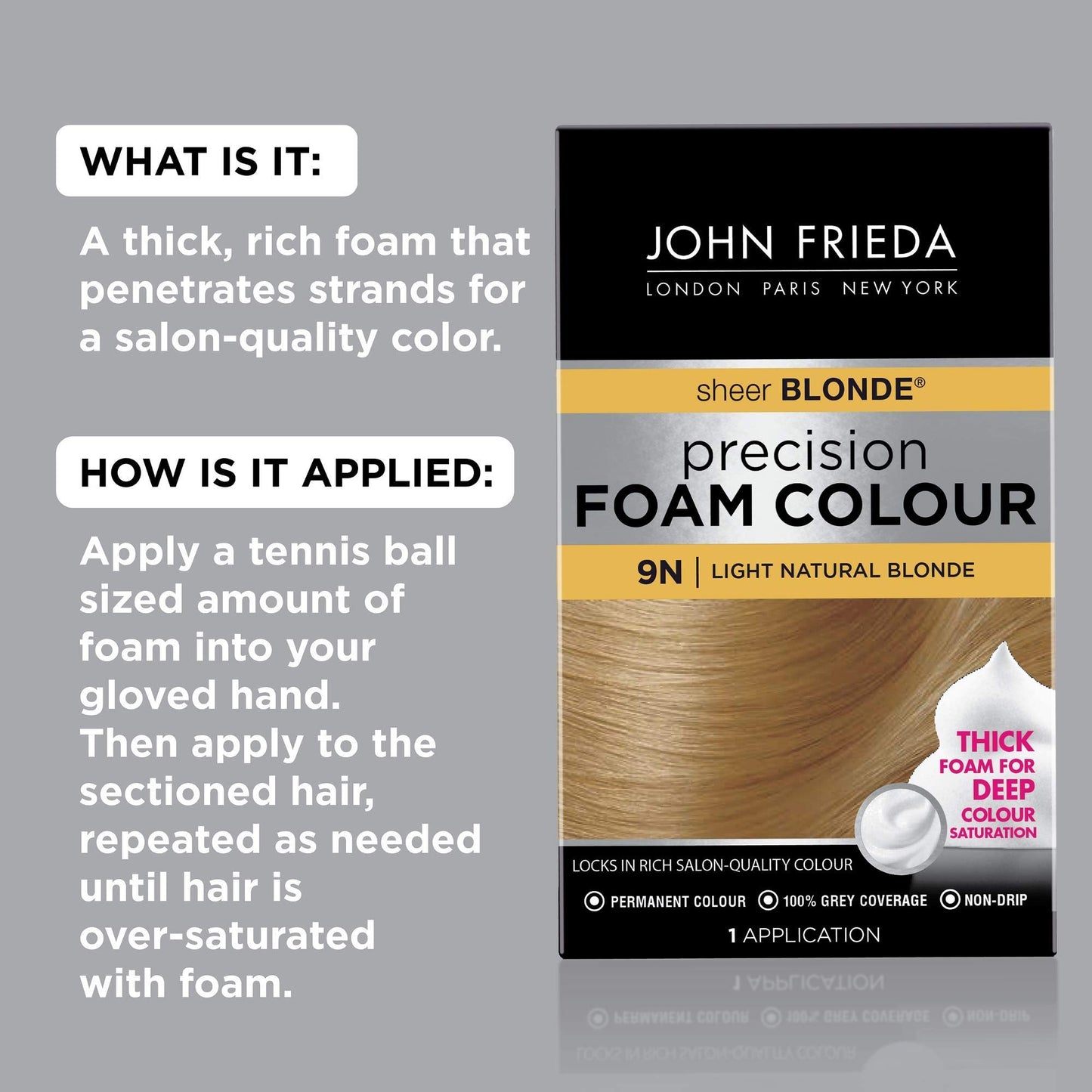 John Frieda Precision Foam Colour, Light Natural Blonde 9N, Full-Coverage Hair Color Kit, Anti-Fade Gray Coverage, Deep Color Saturation Hair Dye, 1 Beauty & Personal Care John Frieda