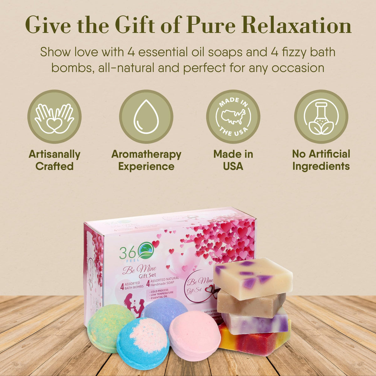 360Feel Be Mine 4 Bath Bombs Plus 4 Handmade Soap Gift Essential Oil Organic Bath Bomb gifts for Men Women Beauty & Personal Care 360Feel