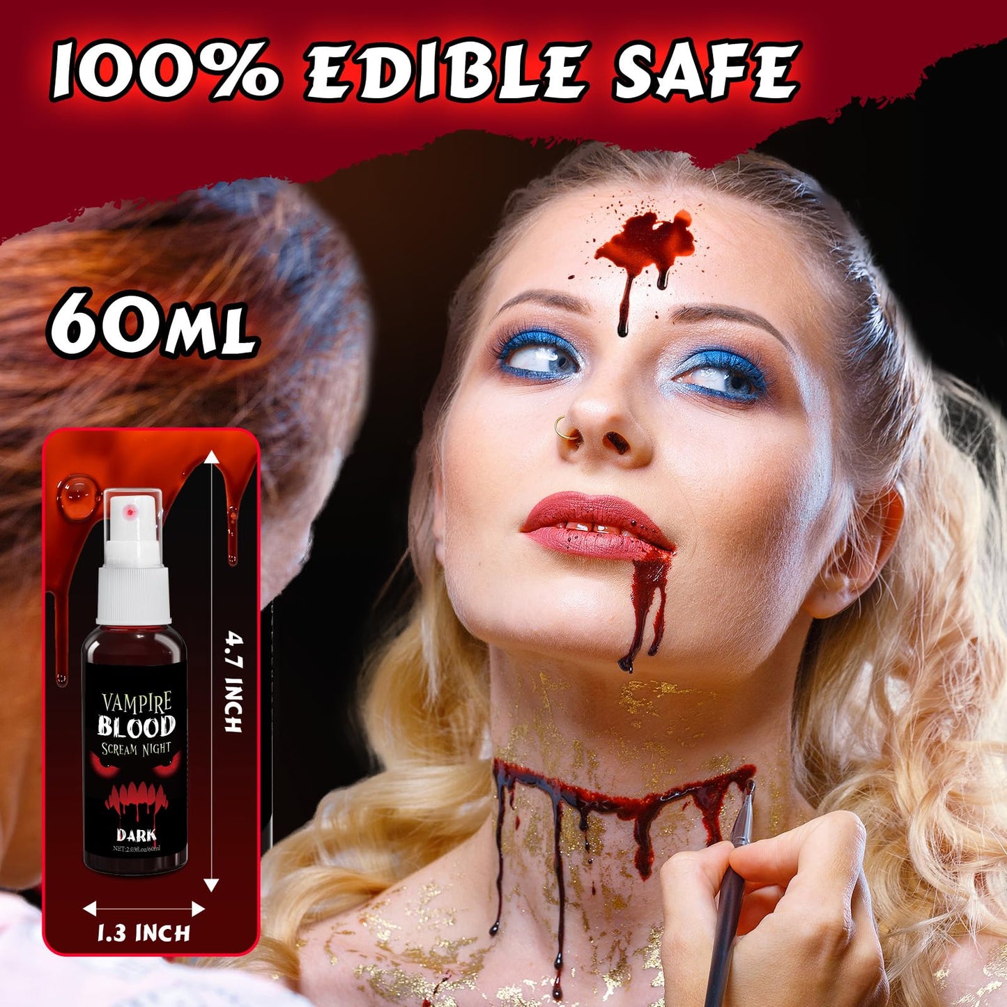 Fake Blood Spray, 2.03 oz Vampire Blood Splatter, Halloween Fake Blood for Clothes, Zombie Bride, Vampire and Monster SFX Scary Clown Makeup & Dress Beauty & Personal Care Bwhrmt