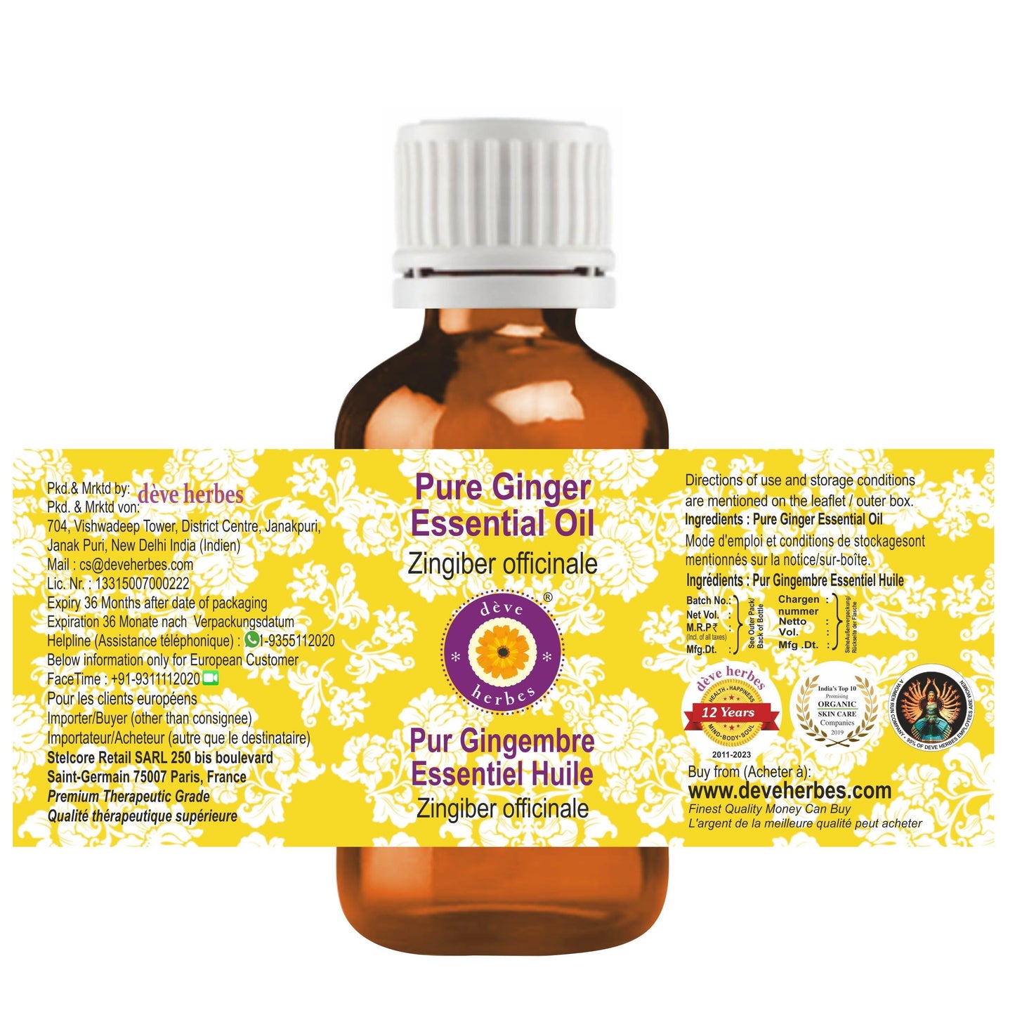 dève herbes Ginger Essential Oil (Zingiber officinale) Pure - Non-Sticky - Non-Greasy - Lightweight - Men & Women - All Skin Types - Steam Distilled Beauty and Personal Care dève herbes