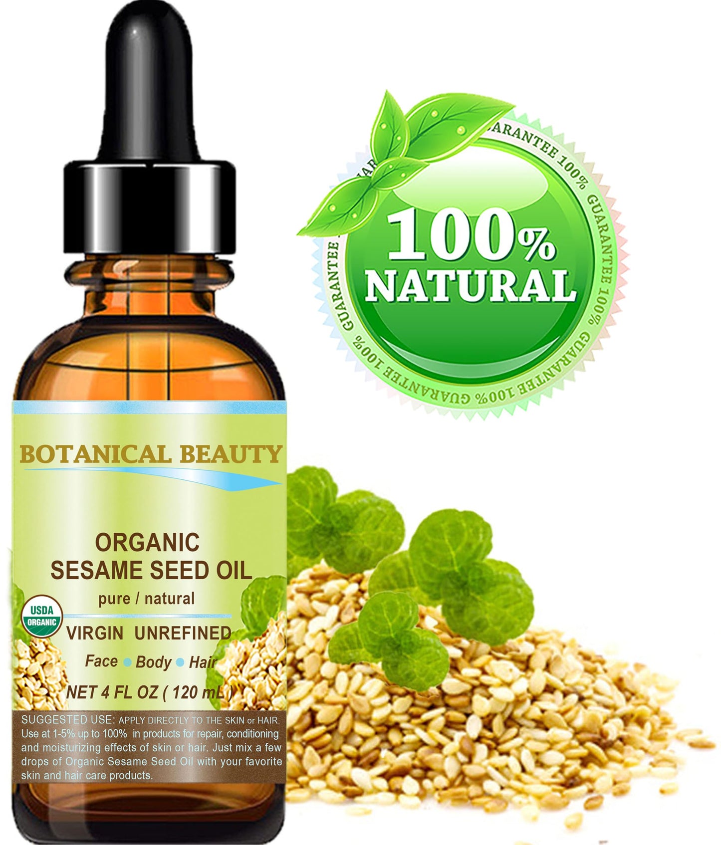 Botanical Beauty Organic SESAME SEED OIL 100% Pure Natural Virgin Unrefined Undiluted Cold Pressed Carrier Oil for Face, Skin, Body, Hair, Massage Beauty & Personal Care Botanical Beauty