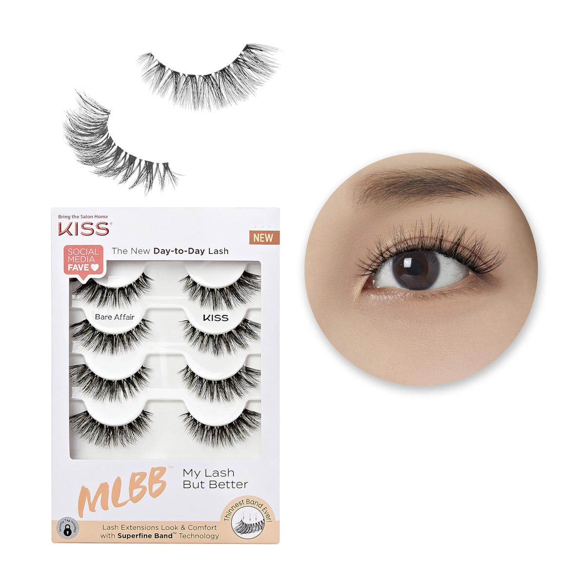 Kiss MLBB False Eyelashes, My Lash But Better, Bare Affair, 4 Pairs, 12mm, Lightweight, Stylish, Wispy Everyday Wear Strip Lashes, Superfine Band
