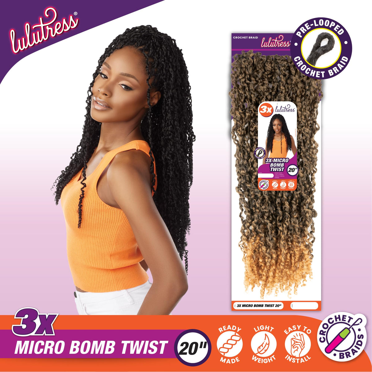 Sensationnel Lulutress Crochet Braiding Hair-3X Micro Bomb,20in, SM1B/350