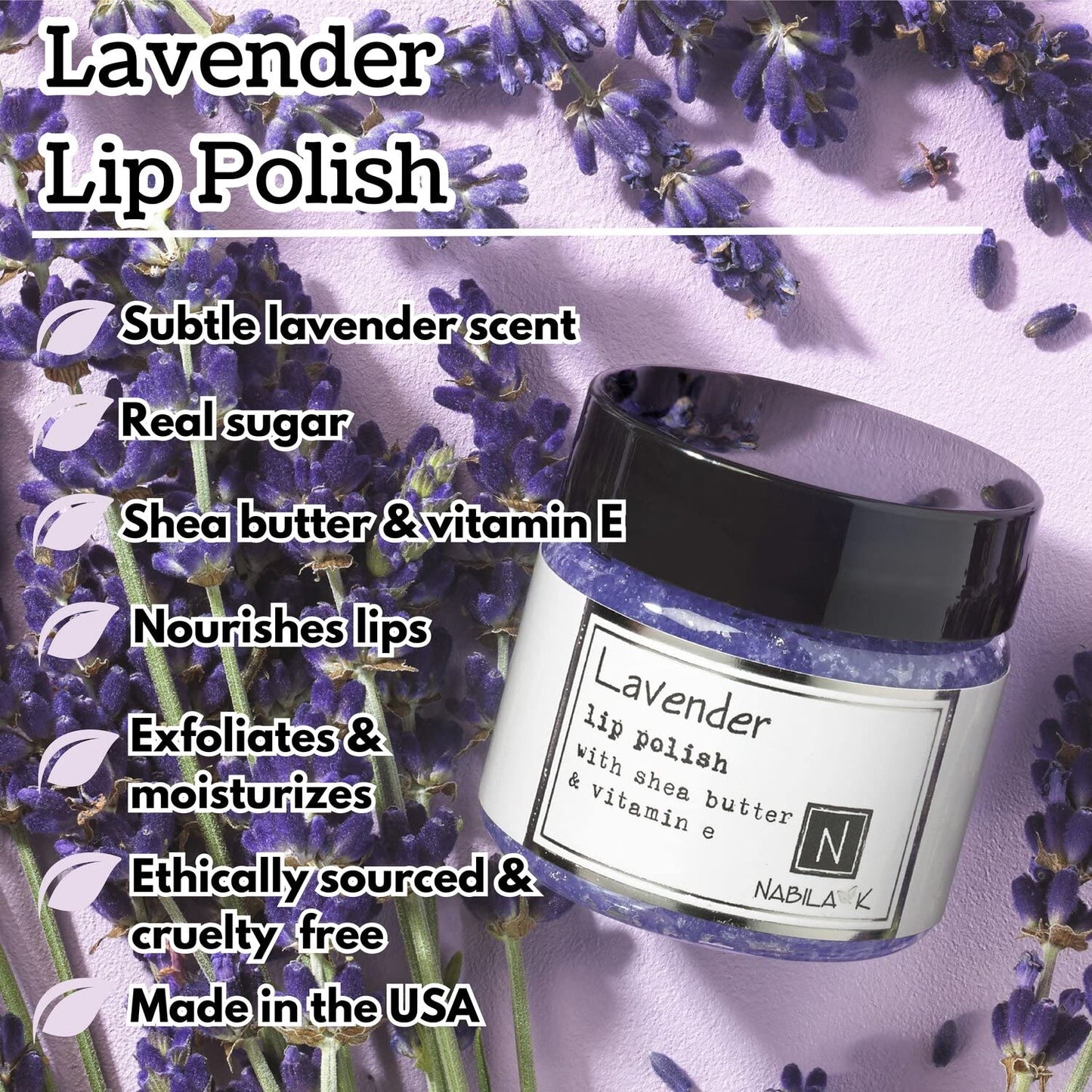 Nabila K Lavender Lip Polish for Women & Men - Natural Sugar Exfoliator with Organic Lavender, Shea Butter & Vitamin E, Hydrating, Cruelty-Free, Made Beauty and Personal Care Nabila K