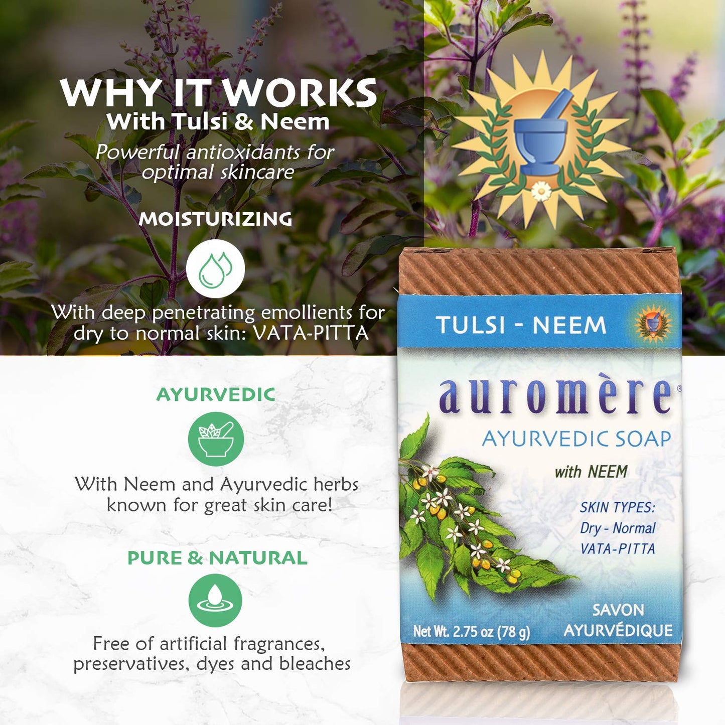Auromere Ayurvedic Bar Soap, Tulsi Neem - Eco Friendly, Handmade, Vegan, Cruelty Free, Natural, Non GMO (2.75 oz), 4 pack Beauty & Personal Care Auromere