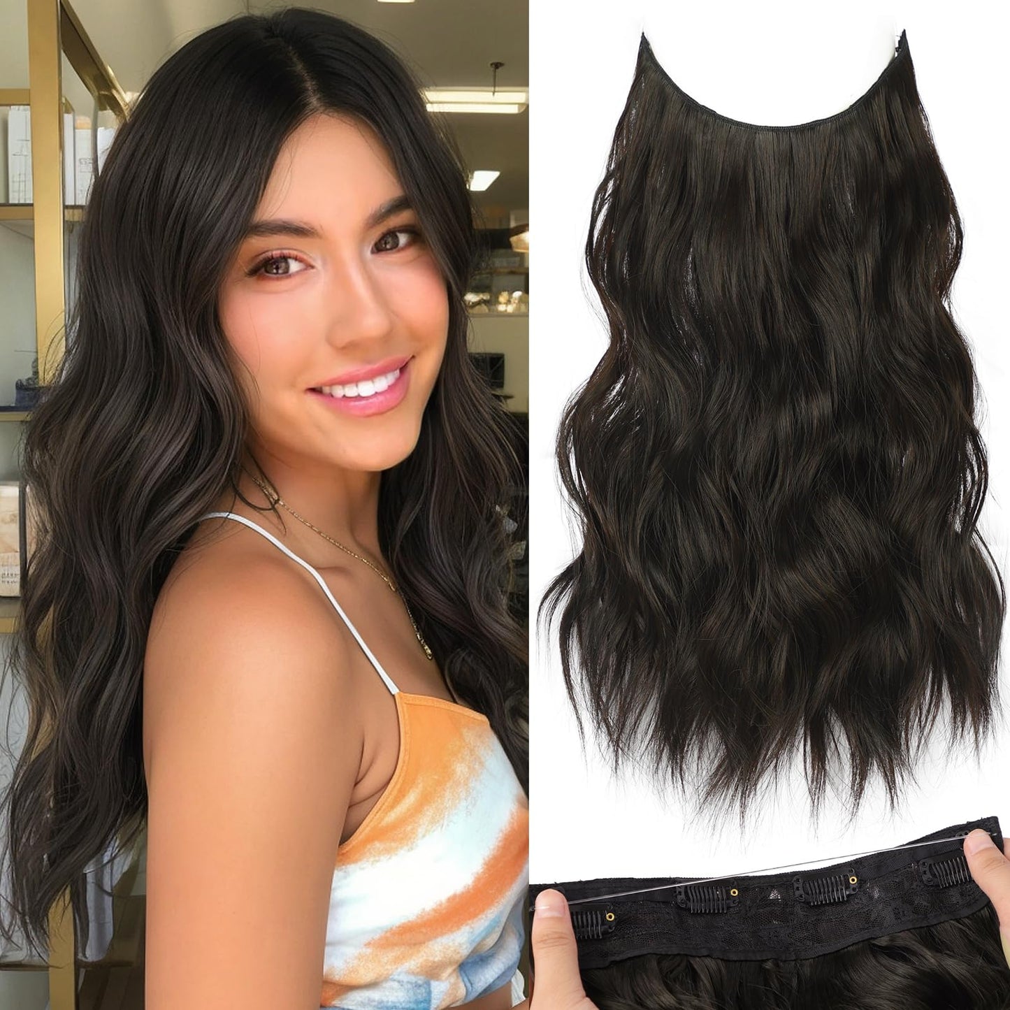 KooKaStyle Wavy Invisible Wire Hair Extensions 16"Natural Black Beauty and Personal Care KooKaStyle Default Title