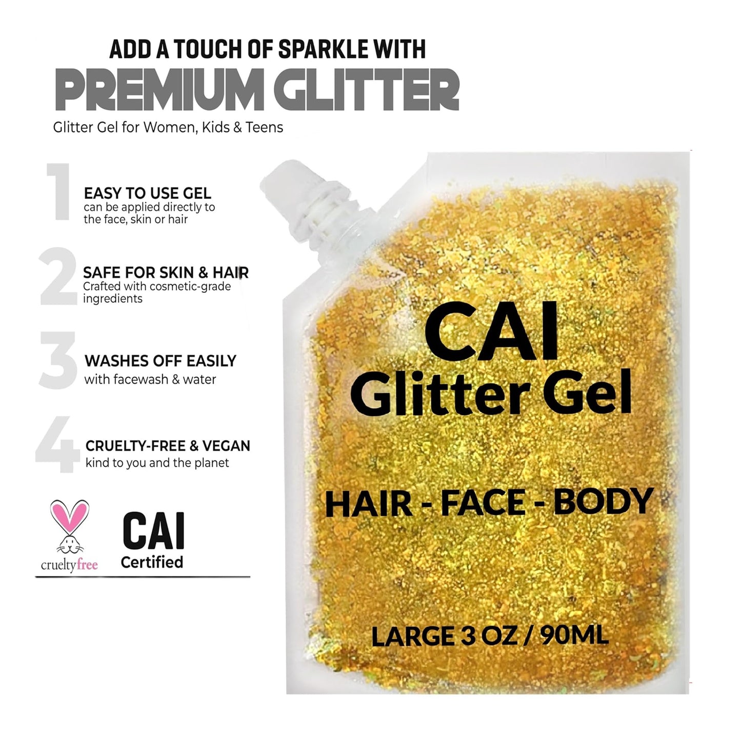 Face, Body & Hair Glitter Gel - Halloween Glitter for Kids and Women - 3 Oz Cosmetic-Grade Gel w/Moon & Stars for Festivals & Halloween Party, Easy Beauty & Personal Care CAI BEAUTY NYC