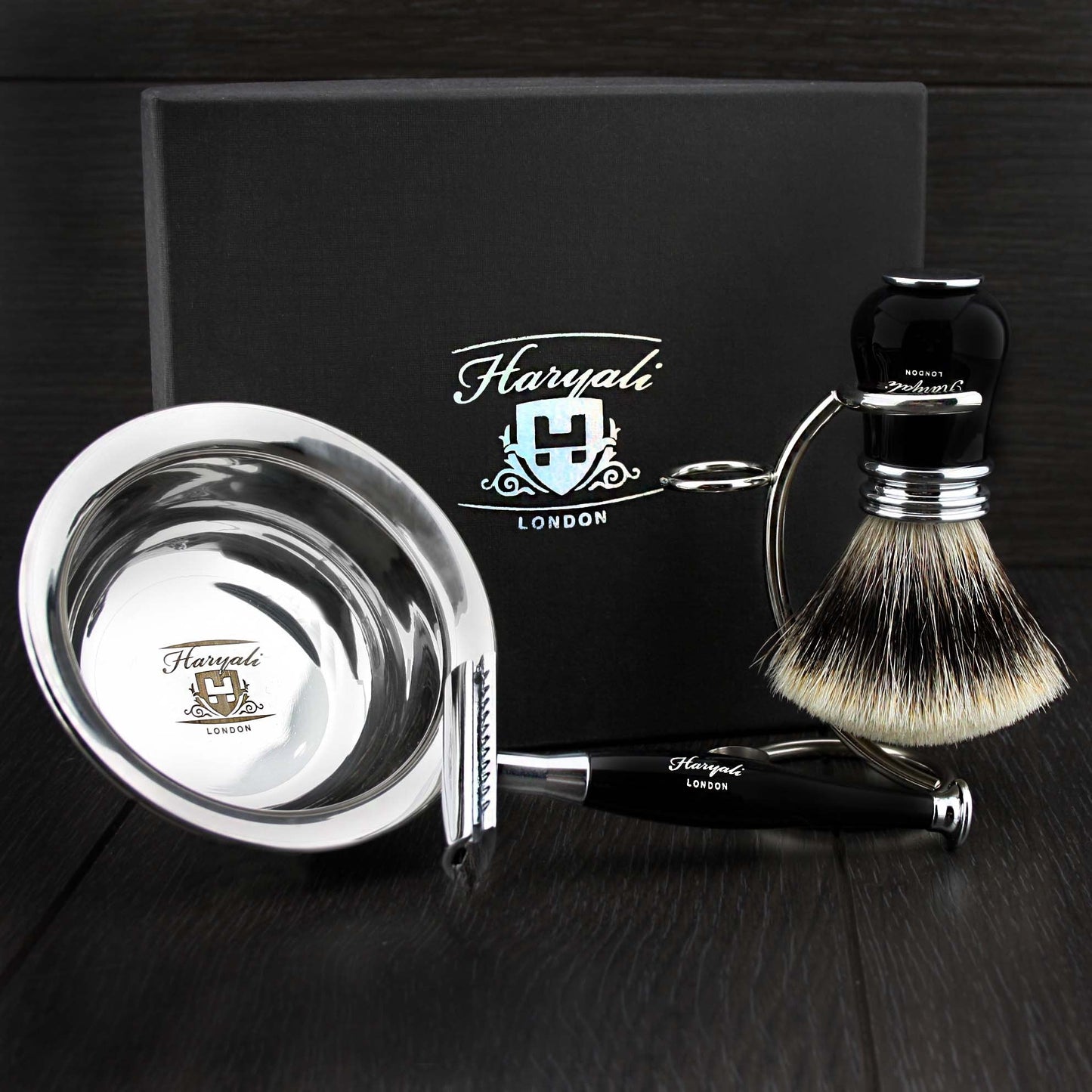 Ready to Use 4 Pcs Men's Shaving Set with Double Edge Safety Razor, Sliver Tip Badger Hair Brush, Stand and Steel Soap Bowl Beauty and Personal Care Haryali London