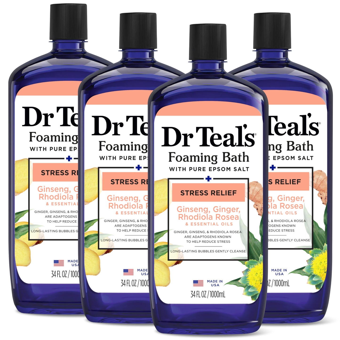 Dr Teal's Foaming Bath with Pure Epsom Salt, Stress Relief with Ginseng & Ginger, 34 fl oz (Pack of 4) Beauty and Personal Care Dr Teal's