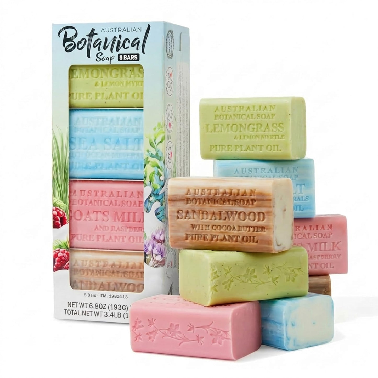 Australian Botanical Soap, 8-Pack Bar Soap Set, 6.6 oz Each, 2 of each, Sandalwood, Sea Salt, Goats Milk Raspberry, Lemongrass & Lemon Myrtle Beauty & Personal Care Australian Botanical Soap