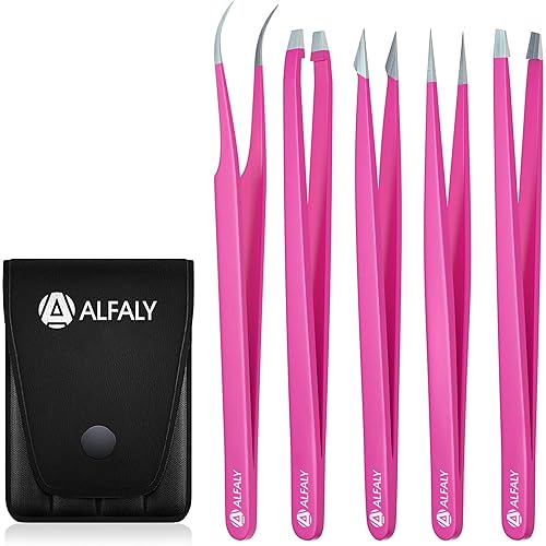 Alfaly Tweezers Set - Professional Stainless Steel 5-Piece Precision Tweezer for Men & Women - Great for Facial Hair Removal, Eyebrow Shaping Beauty & Personal Care Alfaly