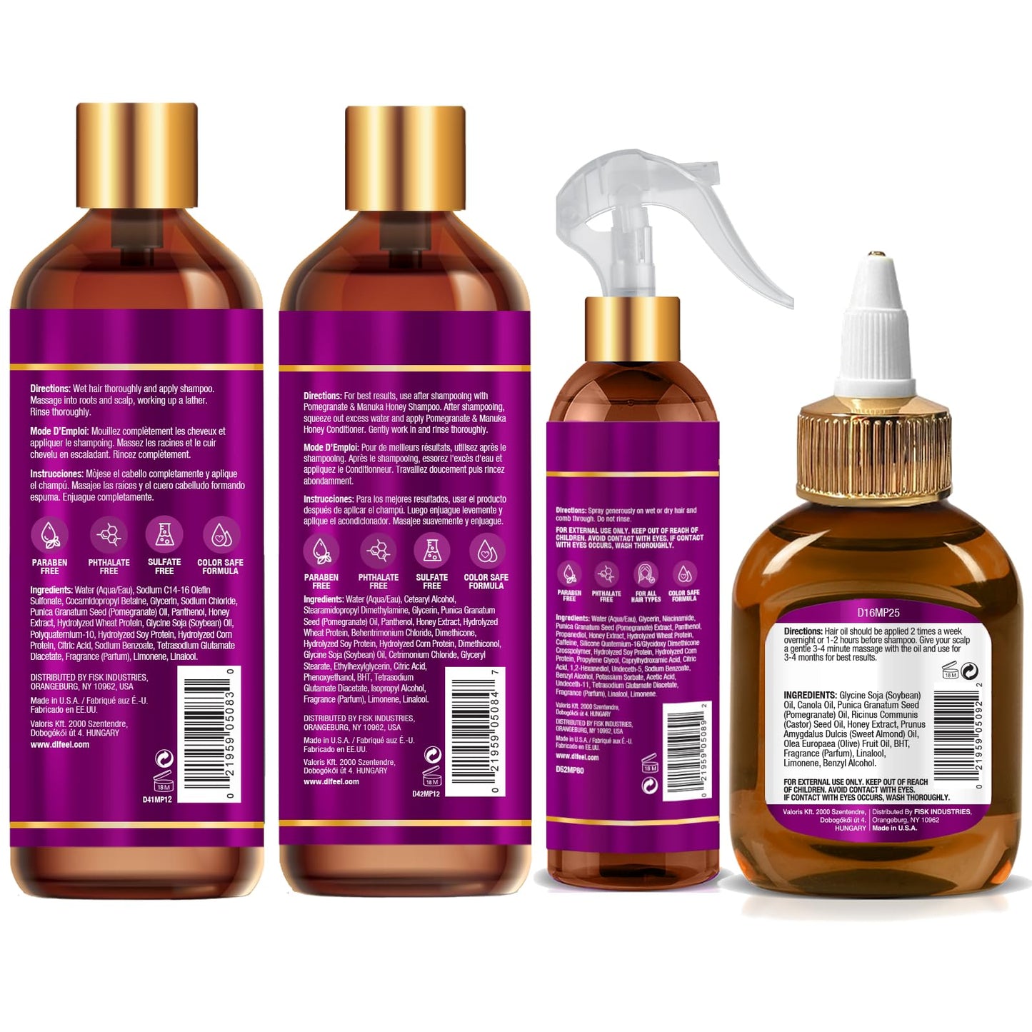 Difeel Pomegranate & Manuka Honey Hair Care Set - 12oz Shampoo, 12oz Conditioner, 8oz Leave-in Spray, 2.5oz Hair Oil Beauty & Personal Care Difeel