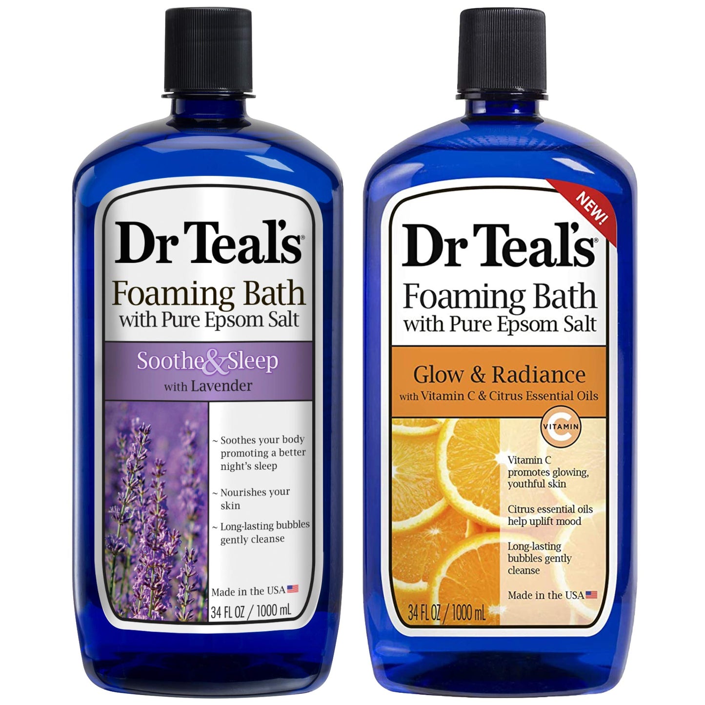 Dr. Teal's Foaming Bath Variety Gift Set (2 Pack, 34oz Ea.) - Soothe & Sleep Lavender, Glow & Radiance Vitamin C and Citrus - Essential Oils Blended Beauty and Personal Care Dr Teal's