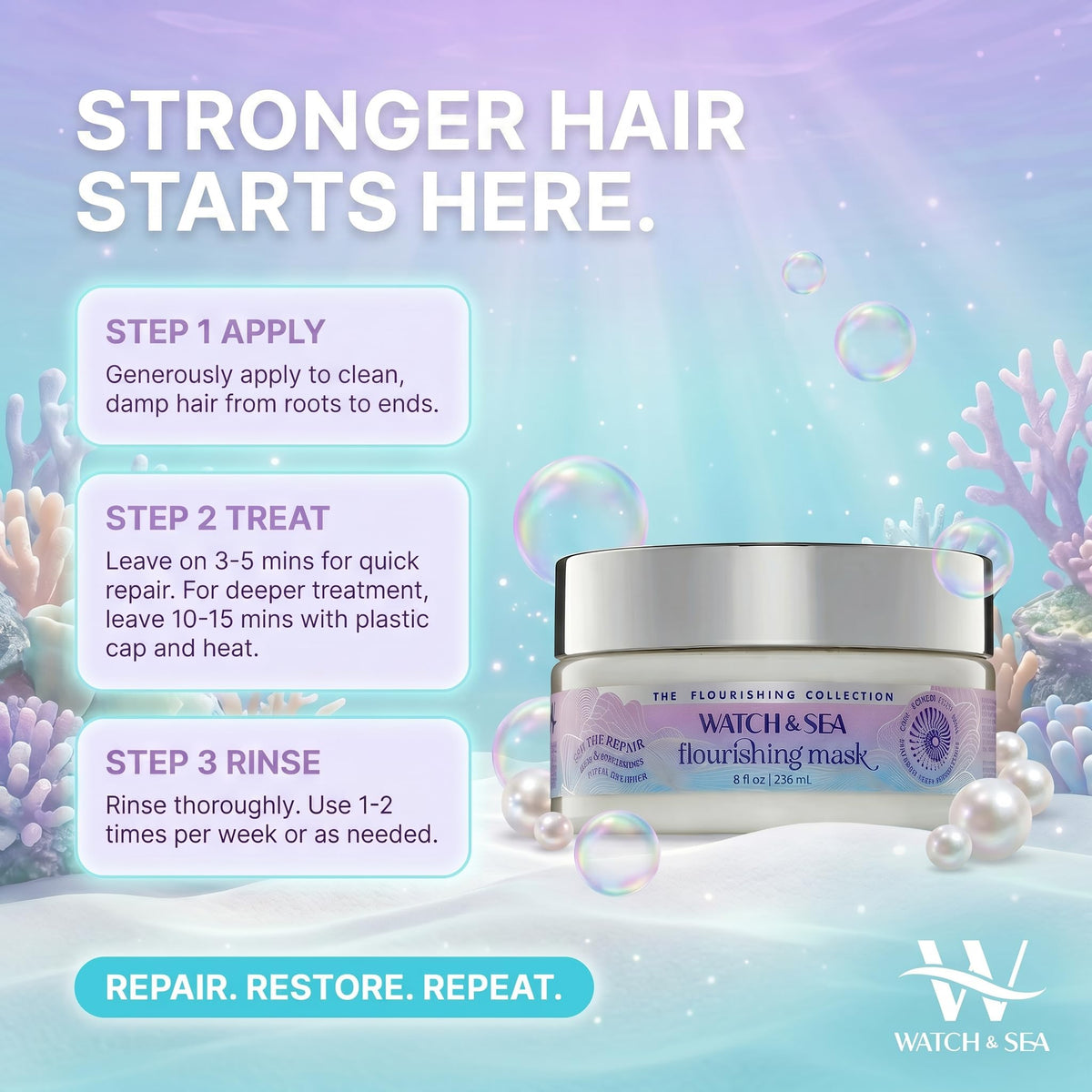 Watch & Sea Deep and Continuous Flourishing Hair Mask - Deep Conditioning Hair Mask for All Hair Types - Infused with Seaweed and Sea Kelp - 8 oz