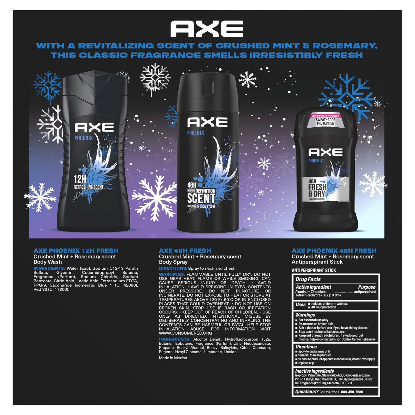 AXE Phoenix Fresh Gift Set for Men Body Wash, Spray & Antiperspirant, 48H Protection, Crushed Mint & Rosemary Scent (3 Piece Set) Beauty and Personal Care AXE