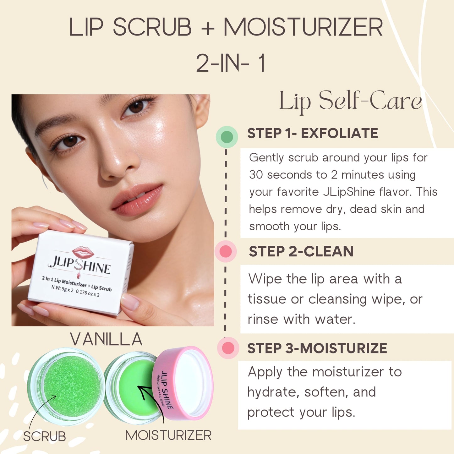 JLipShine 2 in 1 Lip Moisturizer and Lip Scrub, Exfoliating and Hydrating Formula,Smooth. Nourish. Shine. 5g x 2, 0.176 oz (Vanilla,flavor) Beauty and Personal Care BIOTYFACEPRO SKINCARE