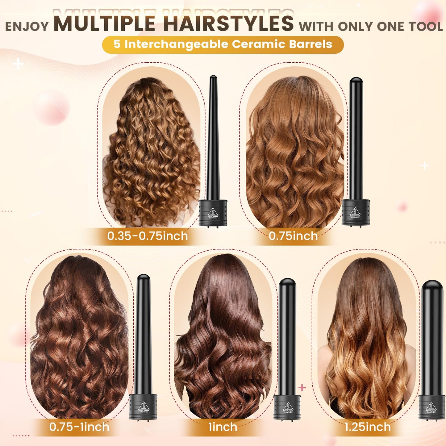 5 In 1 Curling Wand Set, Curling Iron Interchangeable Ceramic Barrels (0.35-1.25 Inch), Heating Hair Curler Kit with Protective Glove & 2 Clips Beauty & Personal Care Amgcive
