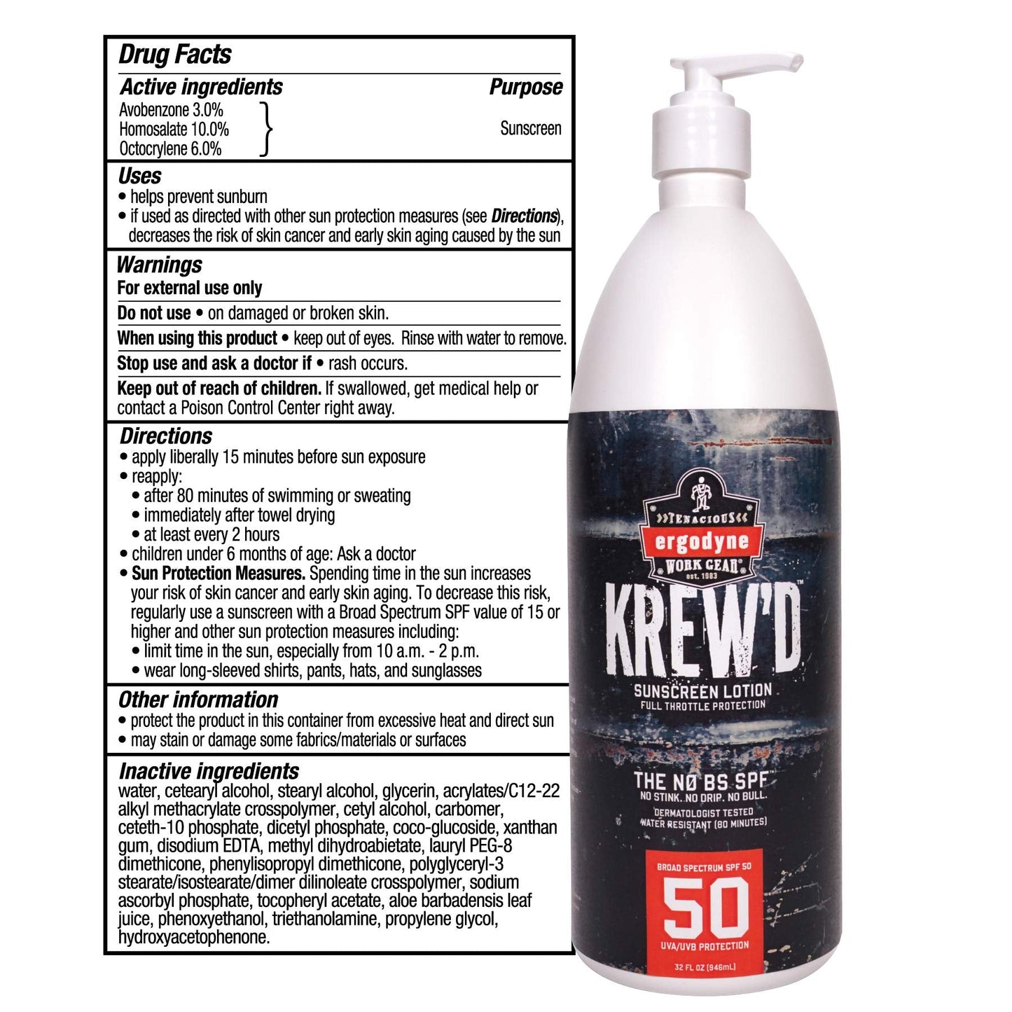Ergodyne KREW’D 6355 Sunscreen Lotion, Broad Spectrum SPF 50, Water Resistant, 32 oz, White Beauty & Personal Care Ergodyne