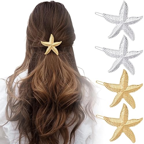 HINZIC 6PCS Starfish Hair Clips, Mermaid Sea Star Ponytail Holder Gold Silver Glitter Bangs Side Barrettes Hair Accessories for Women Halloween Beauty & Personal Care HINZIC