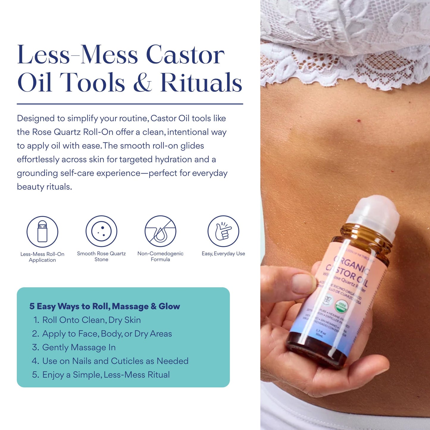 QUEEN OF THE THRONES® Organic Golden Castor Oil Roll-On with Rose Quartz | 100% Pure for Skin, Brows & Lashes and less mess Castor Oil Packs | Beauty and Personal Care QUEEN OF THE THRONES