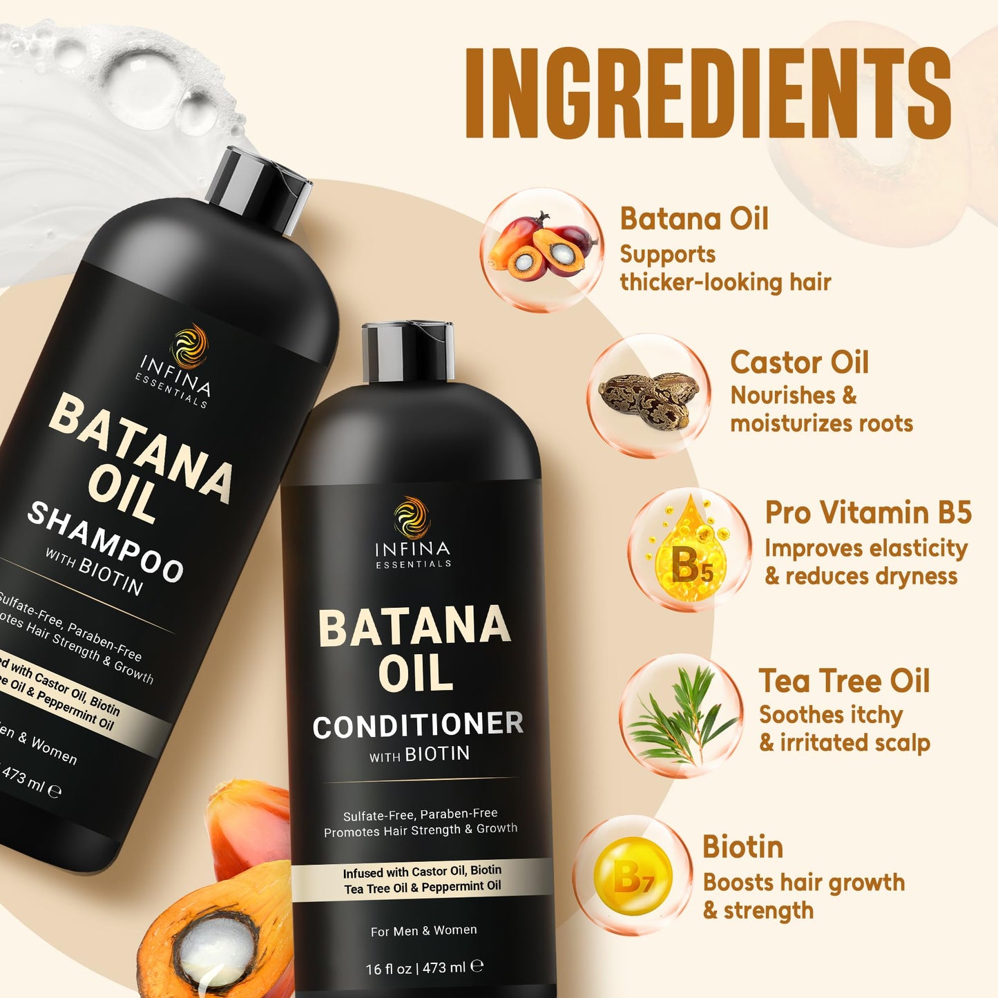 INFINA ESSENTIALS Batana Oil Shampoo and Conditioner Set | 16 fl oz Each | with Biotin & Tea Tree | Moisturizing, Strengthening & Nourishing Formula | Beauty & Personal Care INFINA ESSENTIALS