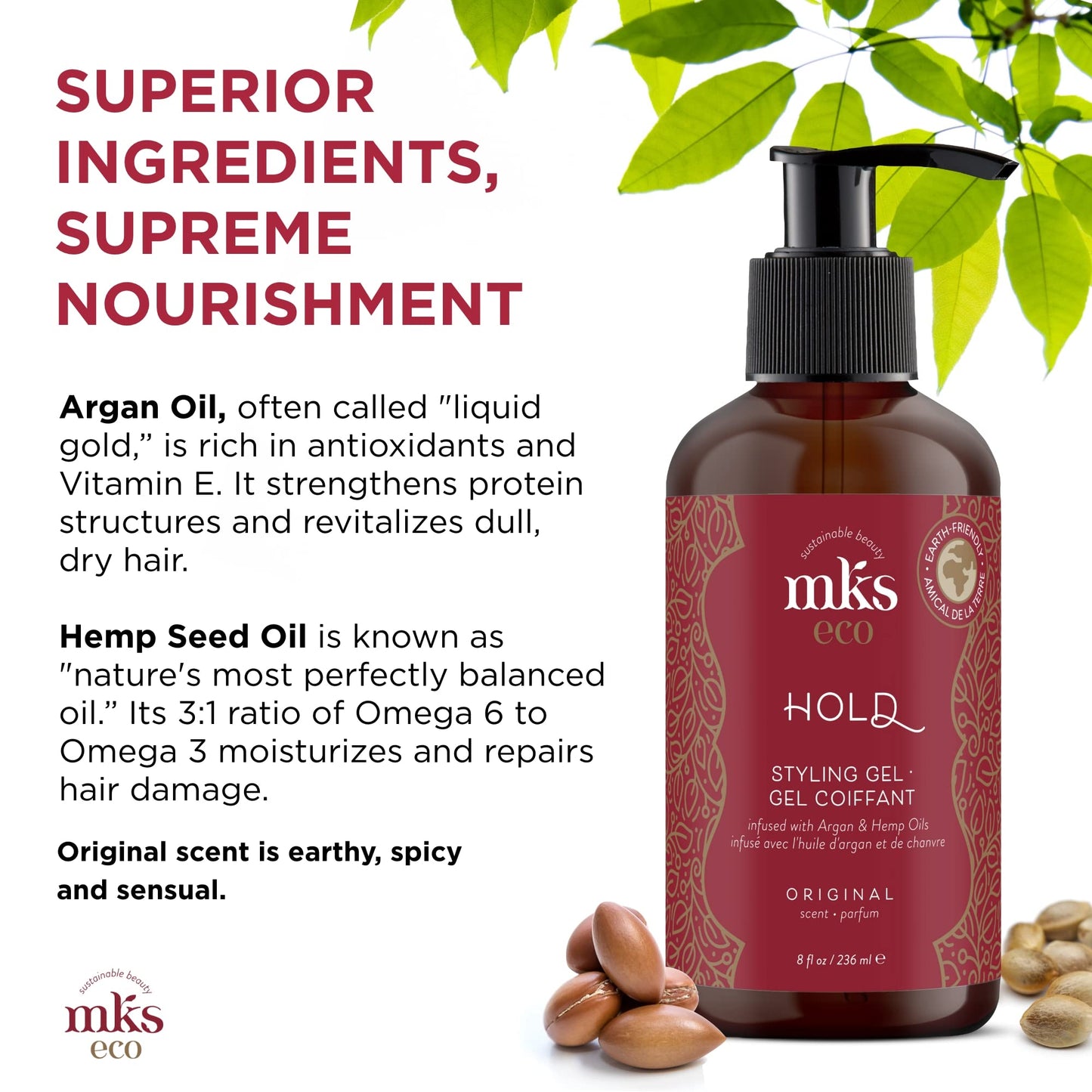 MKS eco Hold, Original Scent - 8 oz - Styling Gel - Medium, Flexible Hold - With Moroccan Argan Oil, Hemp Seed Oil - Vegan & Cruelty Free - Safe Beauty & Personal Care Earthly Body