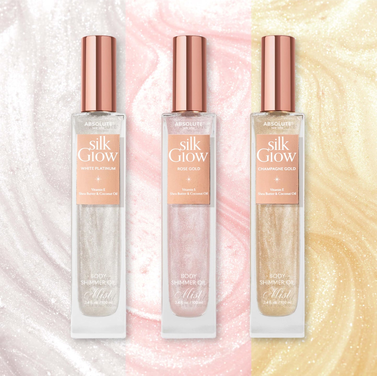 Absolute New York - Silk Glow Shimmer Mist Glow, Radiant, Shimmer Body & Face & Hair, Shea Butter, Coconut Oil, Vitamin E (SBGS02 Rose Gold Mist, 3.4 Beauty & Personal Care Absolute New York