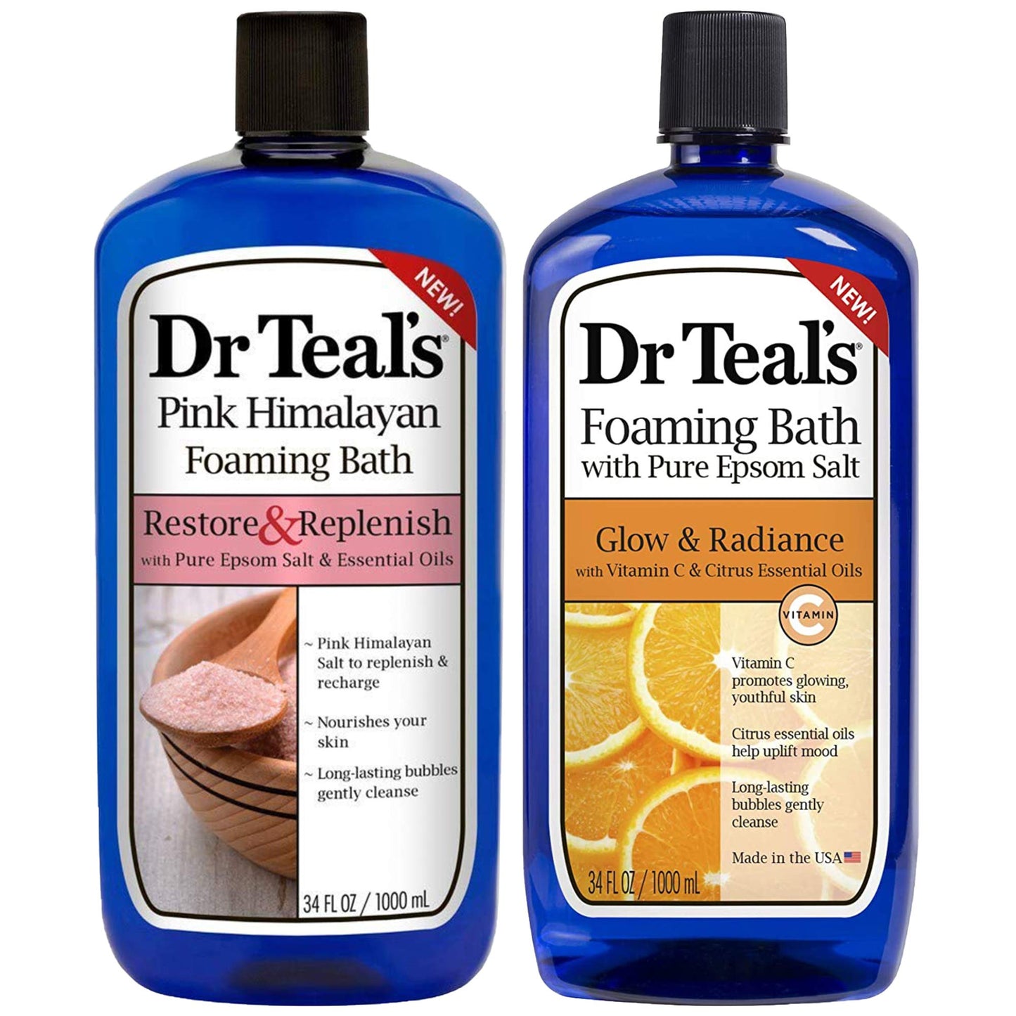 Dr. Teal's Pure Epsom Salt Foaming Bath Gift Set (2 Pack, 34 oz ea.) - Restore & Replenish Pink Himalayan and Glow & Radiance with Vitamin C & Citrus Beauty and Personal Care Dr Teal's