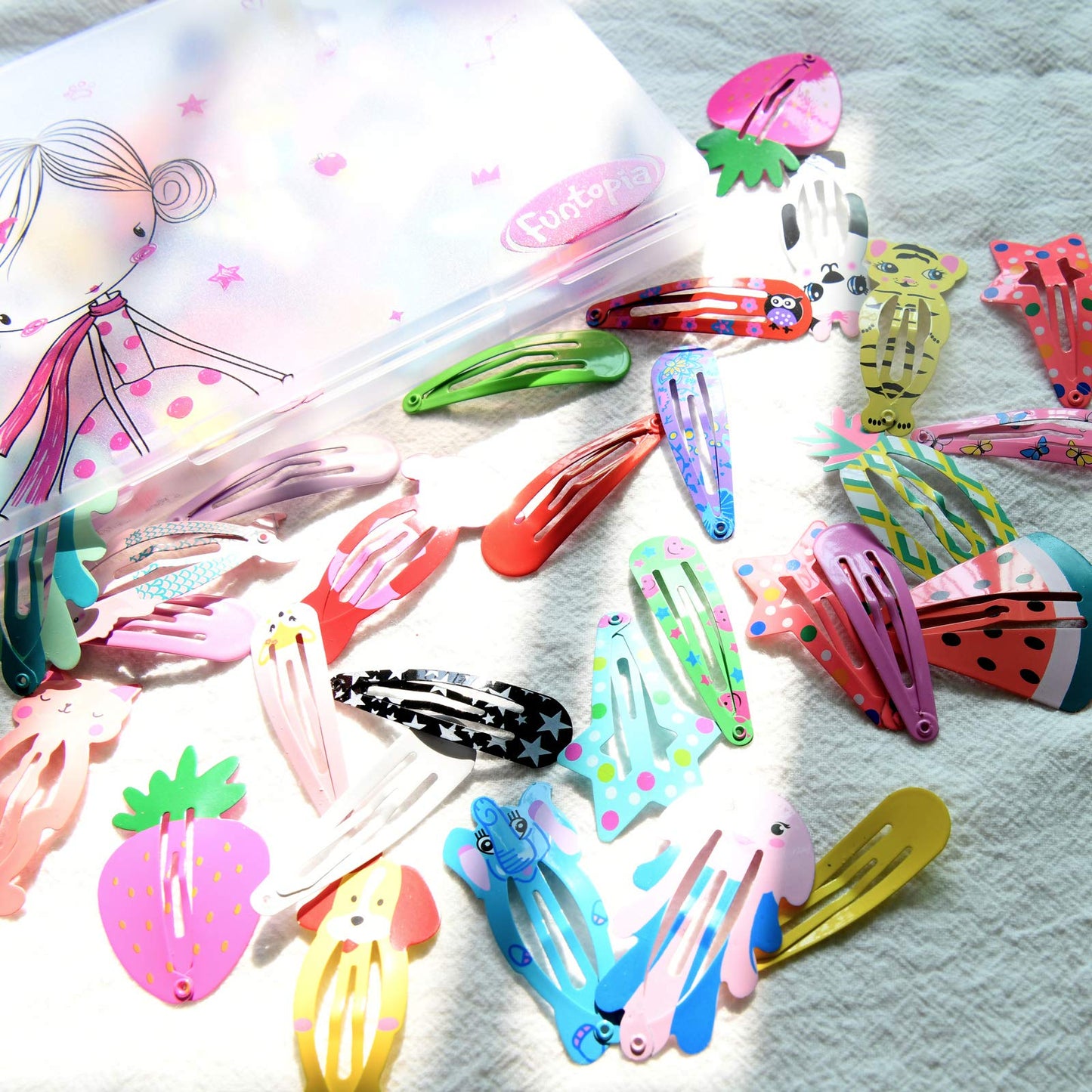 Funtopia Hair Clips for Girls,100 Pcs No Slip Metal Snap, Barrettes for Kids Teens Women, Cute Candy Color Cartoon Design Hair Pins (Animals Fruits Beauty and Personal Care Funtopia