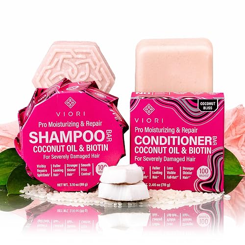 Viori Coconut Advanced Repair Shampoo & Conditioner Bar Set - Longsheng Rice Water & Jojoba Esters - Sulfate-Free, Eco-Friendly, Travel Bars for Dry Beauty & Personal Care Viori