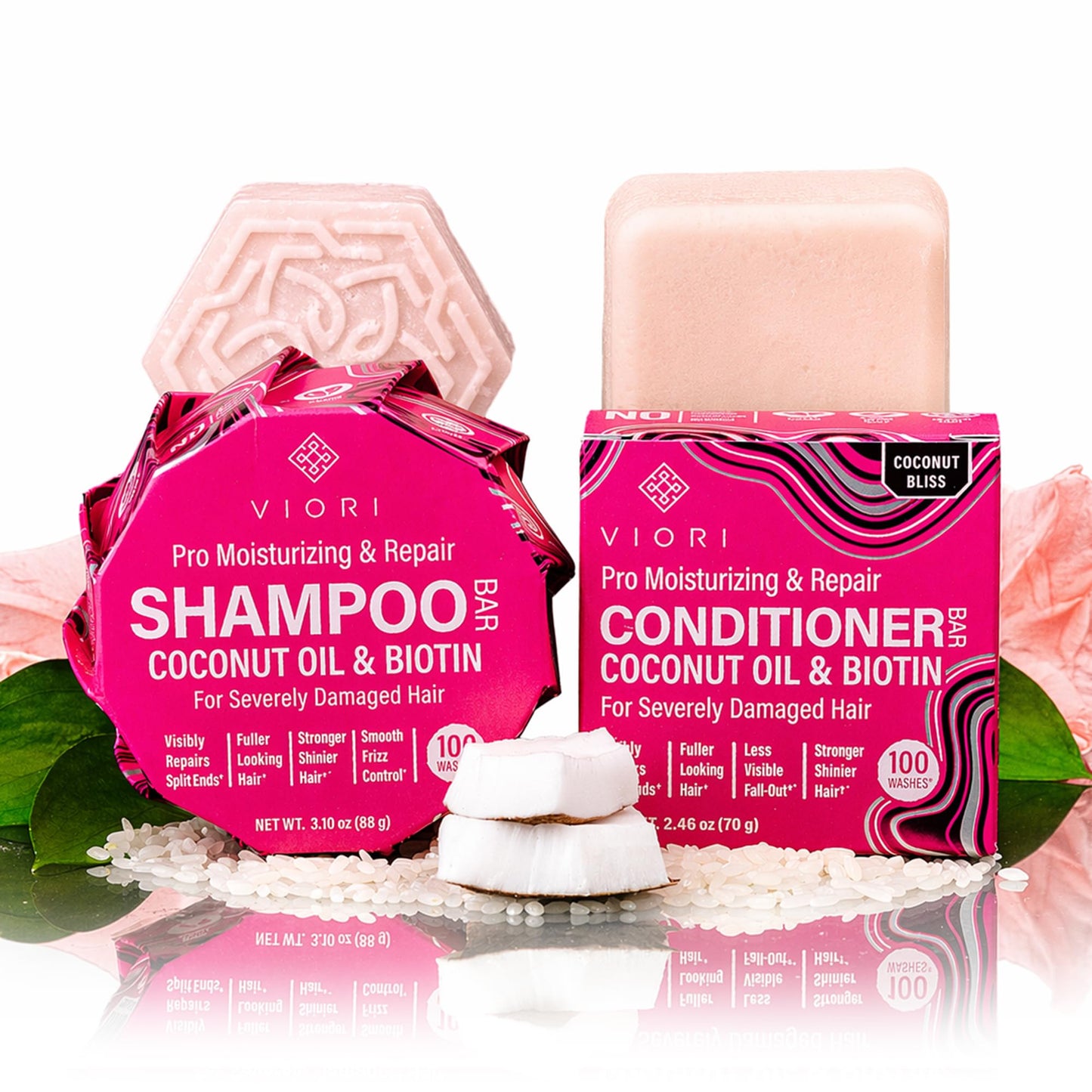 Viori Coconut Advanced Repair Shampoo & Conditioner Bar Set - Longsheng Rice Water & Jojoba Esters - Sulfate-Free, Eco-Friendly, Travel Bars for Dry Beauty & Personal Care Viori