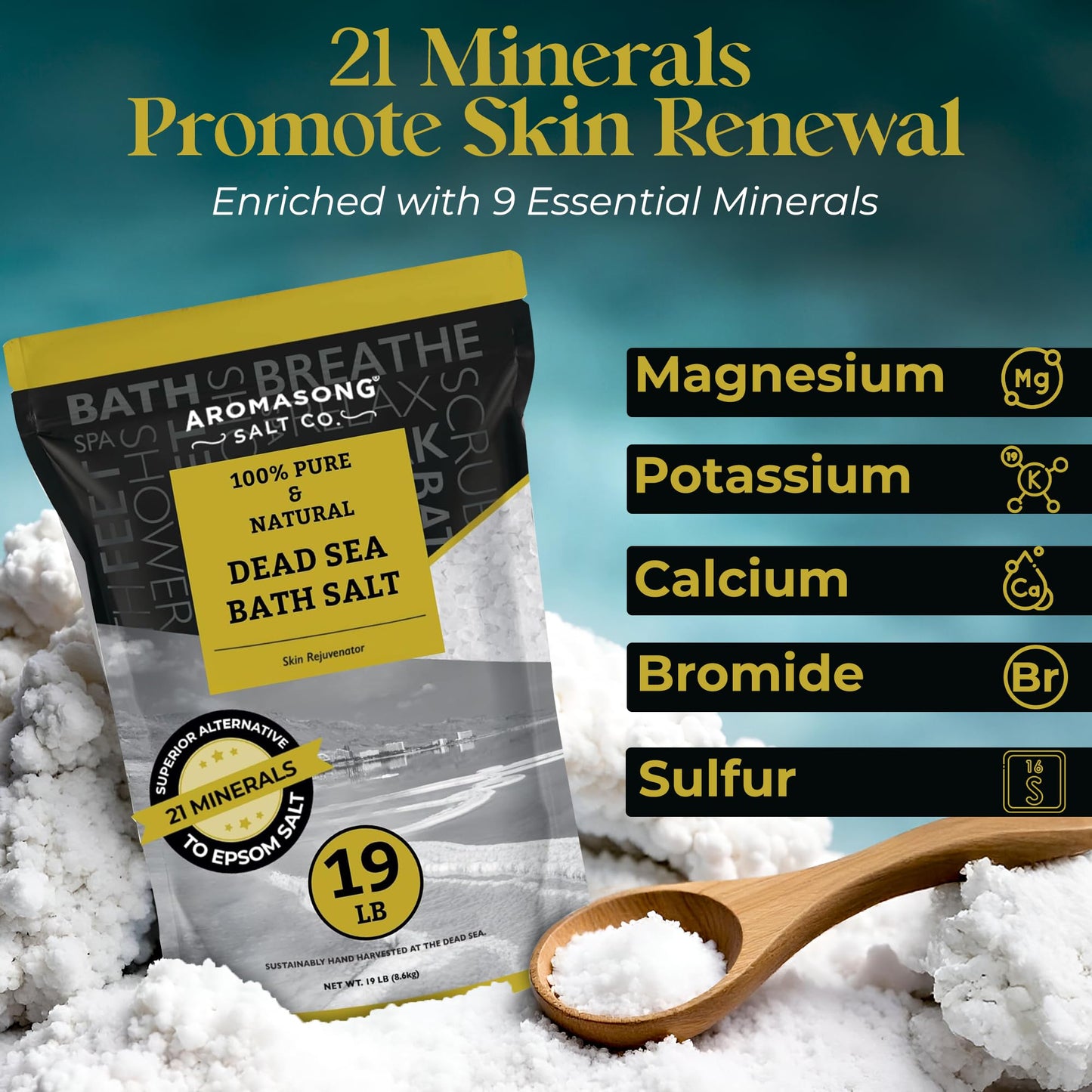Aromasong Dead Sea Salt - Spa Bath Salt - Bulk 19 Lb Pack of 78 (1482 Lbs Total) Fine Grain - 100% Pure - Better Absorbing Than Epsom Salt - Soak Beauty and Personal Care Aromasong