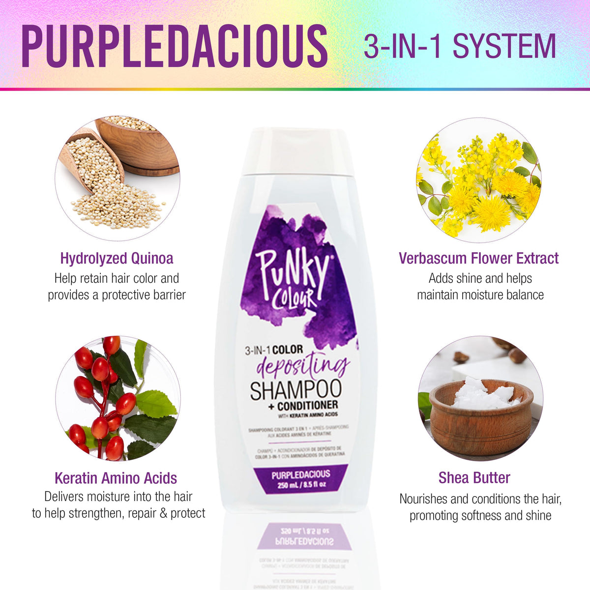 Punky Colour 3-in-1 Color Depositing Conditioner & Hair Cleanser - Purpledacious, Semi Permanent Hair Color, Temporary Hair-Dye, Sulfate-Free, Vegan,