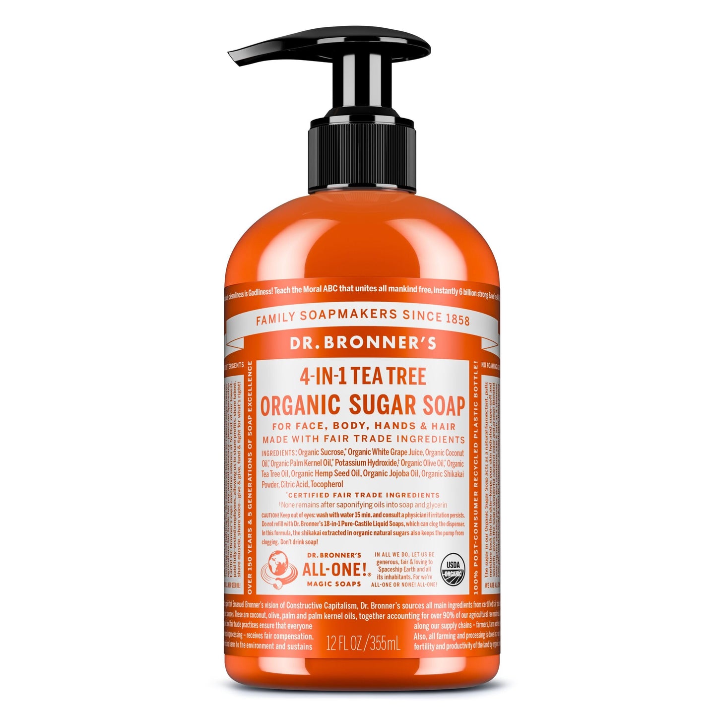 Dr. Bronner's Organic Sugar Soap (Tea Tree, 12 Ounce) - Made with Regenerative Certified Organic Oils, Sugar & Shikakai Powder, 4-in-1 Use: Hands Beauty & Personal Care Dr. Bronner's