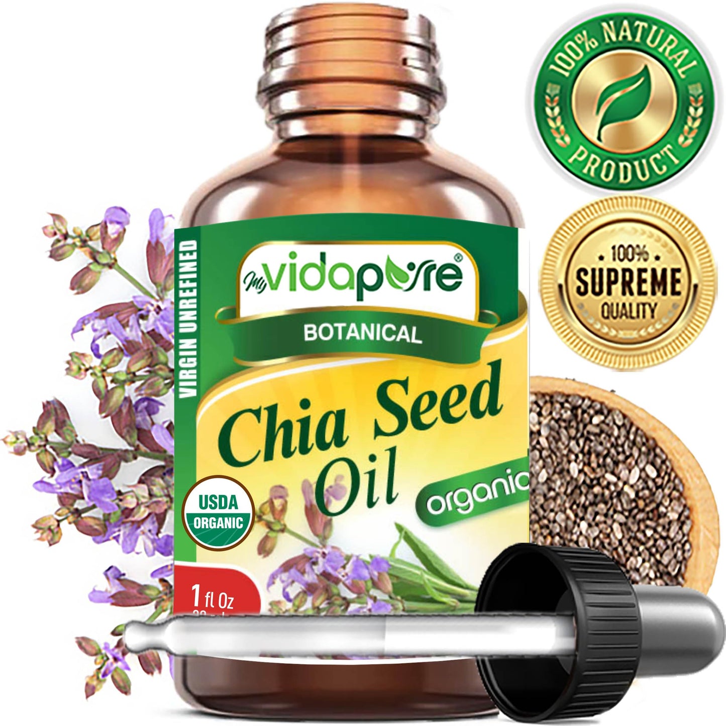 MYVIDAPURE Organic CHIA SEED OIL Certified Organic 100% Natural Pure VIRGIN UNREFINED Undiluted Cold Pressed Carrier Oil for Face Skin Body Hair Lip Beauty & Personal Care MYVIDAPURE