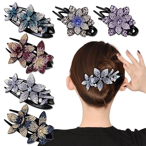 6 Pack Rhinestone Double Flower Hair Clip for Women Girls, Crystal Duckbill Clip Hairpin with Teeth Non-Slip Women Elegant Hair Dovetail Clips Beauty & Personal Care INLAZTIM