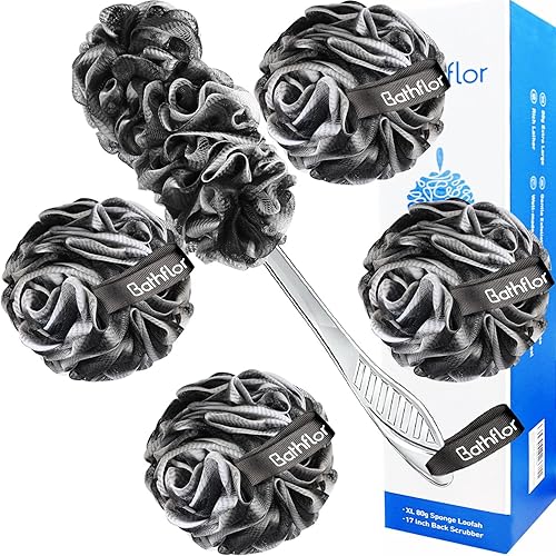 Bathflor Loofah Sponge Exfoliating Body Scrubber: 4PCS Extra Large 80g Shower Loofahs Poufs, 1PCS Long Handle Loofa Back Scrubber, 1PCS Luffa Hook Beauty & Personal Care Bathflor