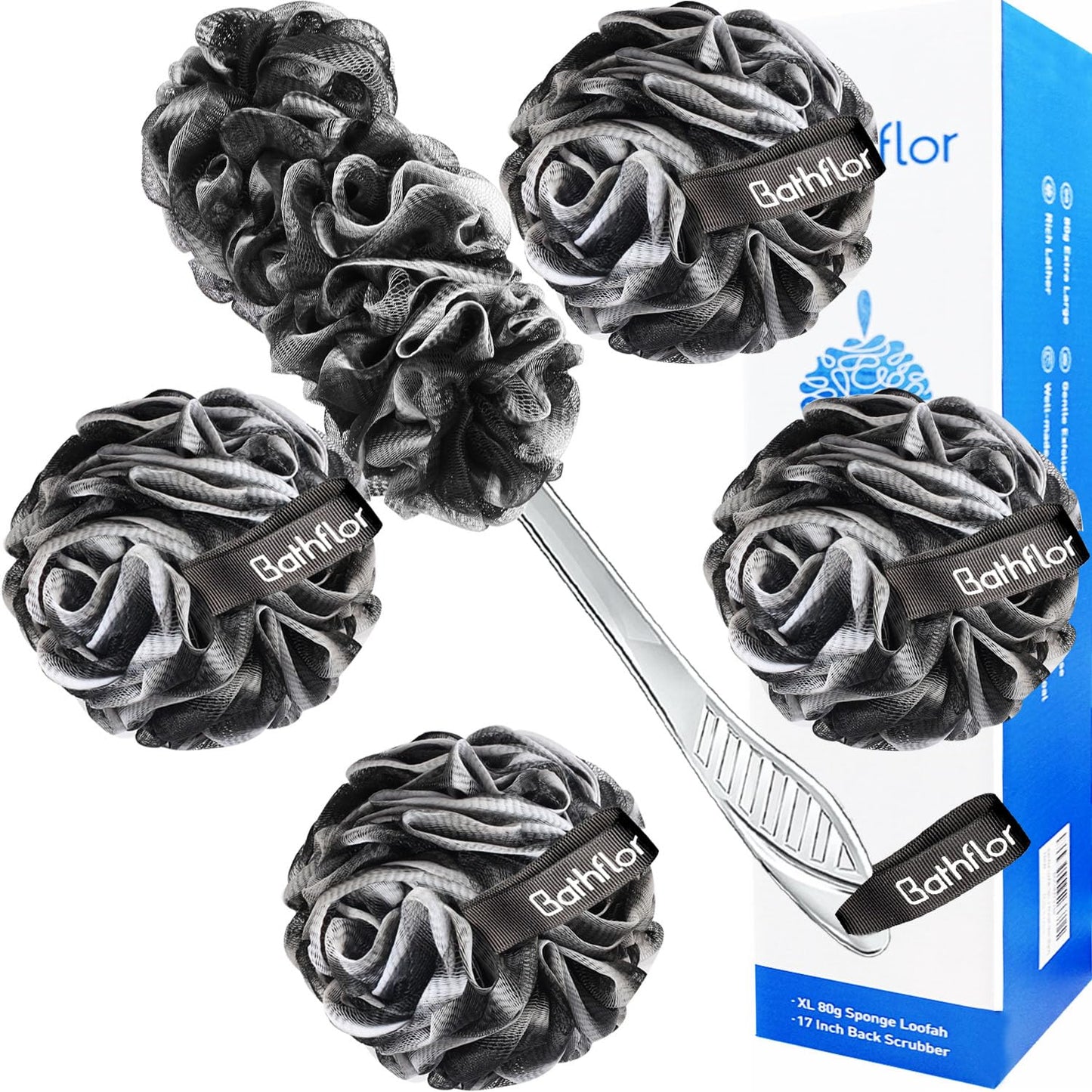 Bathflor Loofah Sponge Exfoliating Body Scrubber: 4PCS Extra Large 80g Shower Loofahs Poufs, 1PCS Long Handle Loofa Back Scrubber, 1PCS Luffa Hook Beauty & Personal Care Bathflor